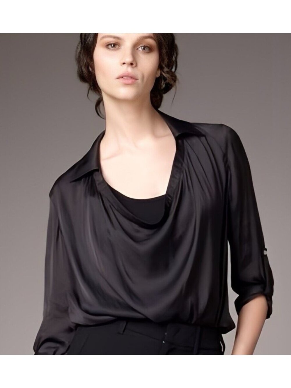 $235 VINCE Cowl Neck Satin Draped Blouse Black Roll Tab Sleeve Designer Top 10